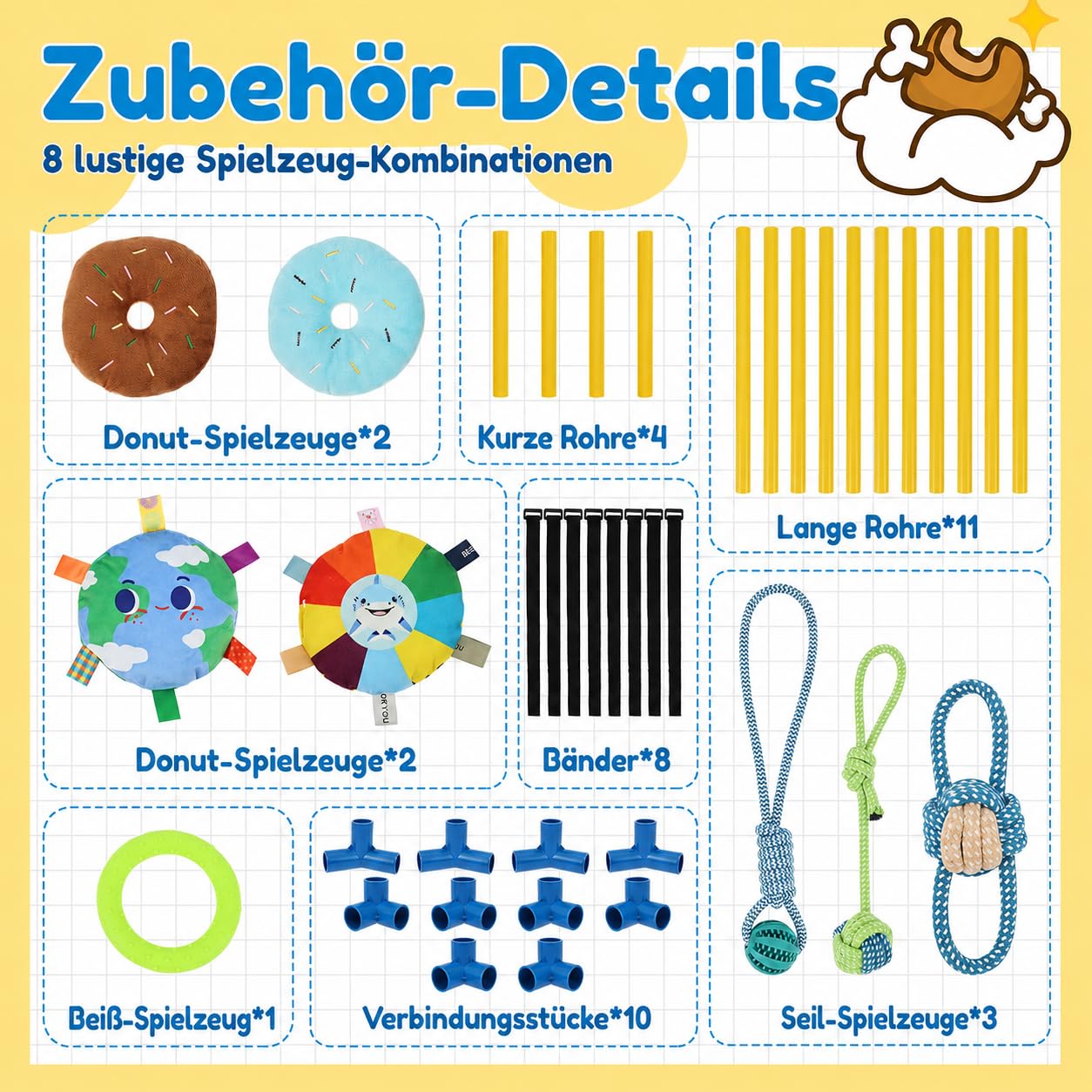 Parc de jeu pour chiots avec 8 jouets intelligents et fermetures , salle de jeu pour petits chiens avec cadre en PVC, jouet pour chiots pour dressage, apaisement, sol intérieur