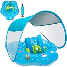 Baby Pool Float with Canopy,UPF50+ Sun Protection, Anti-Flip Double Air Chambers,Infants & Toddlers Swimming Water Float with Safety Seat, 2-in-1 Backstroke& Breaststroke, Suitable for 3-36 Months