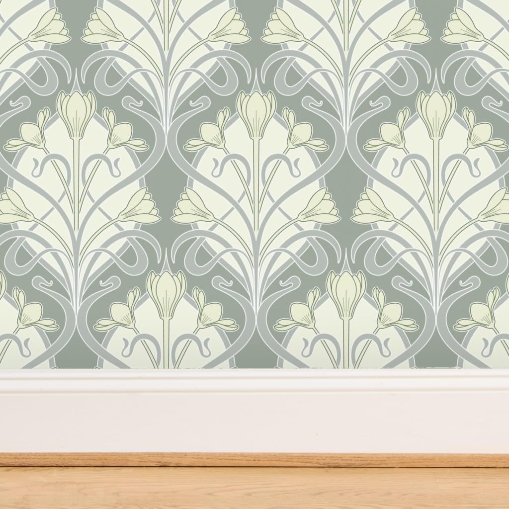 Spoonflower Commercial Grade Wallpaper 27ft x 2ft - Cream Green Flowers Art Nouveau Damask Traditional Wallpaper