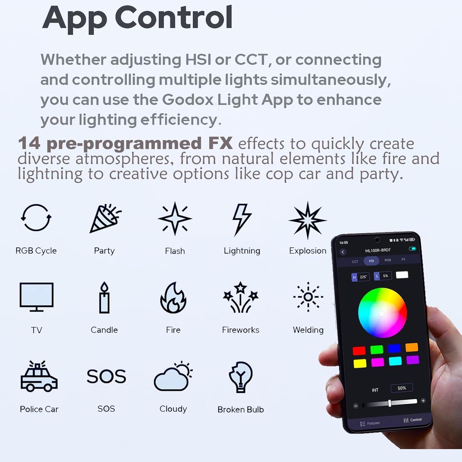 Smartphone displaying the Godox Light App interface for controlling the ML100R, showing color wheel and effect options.