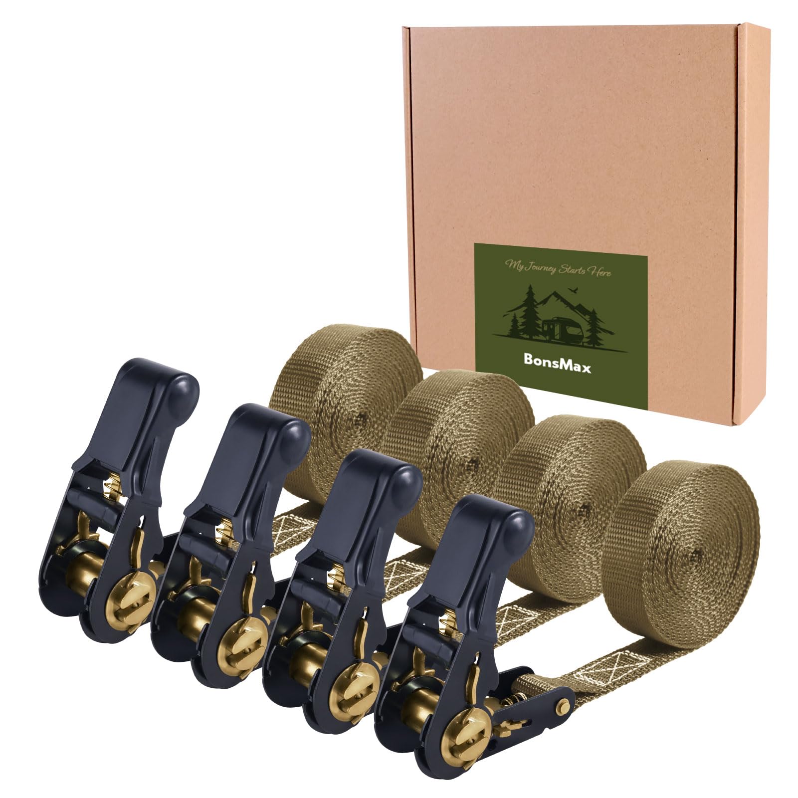 1”x15’ Endless Ratchet Tie Down Strap (No Hook) for Car Rack, Utility Trailer, Pickup Truck Bed, Ratcheting Securing Straps for Cargo, Kayak (Khaki, 1" x15'-4 Pack)