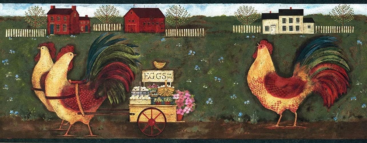 CONCORD WALLCOVERINGS ™ Rooster Farm Village Wallpaper Border, 8" x 15' Roll Barnyard Scene with Red & Yellow Roosters, Eggs for Sale, Prepasted Washable Vinyl for Country Kitchen Decor #GG54141B