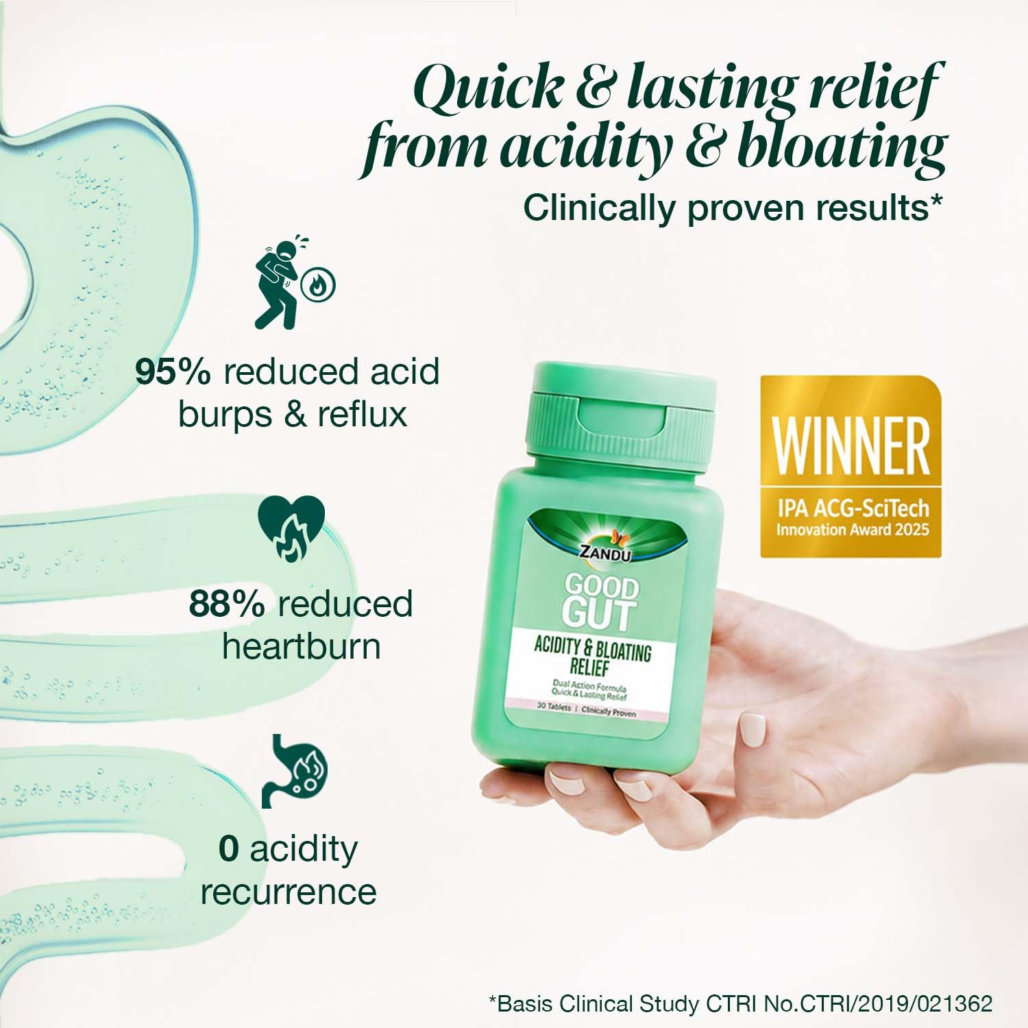 Zandu Good Gut Acidity & Bloating Relief Tablets | Clinically Proven | Instant & Long-Lasting Relief | Non-Habit Forming, 30 Tablets 2