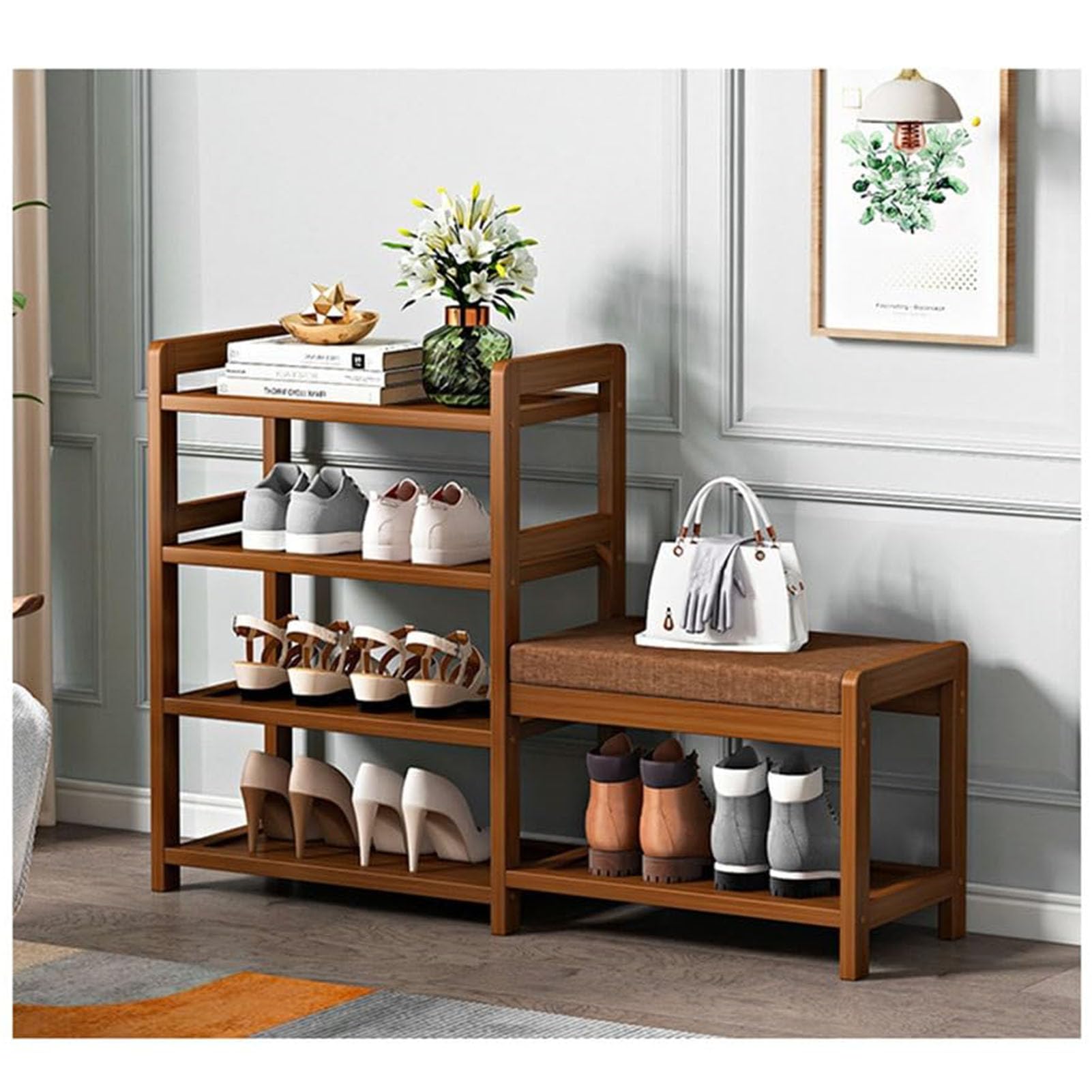 MYUYEE 4-6Tier Shoe Rack Bench With Seat Entryway Shoe Storage Orga Wooden Shoe Shelf Space-Saving Easy To Assemble For Hallway Doorway Bedroom(85X25X66Cm)