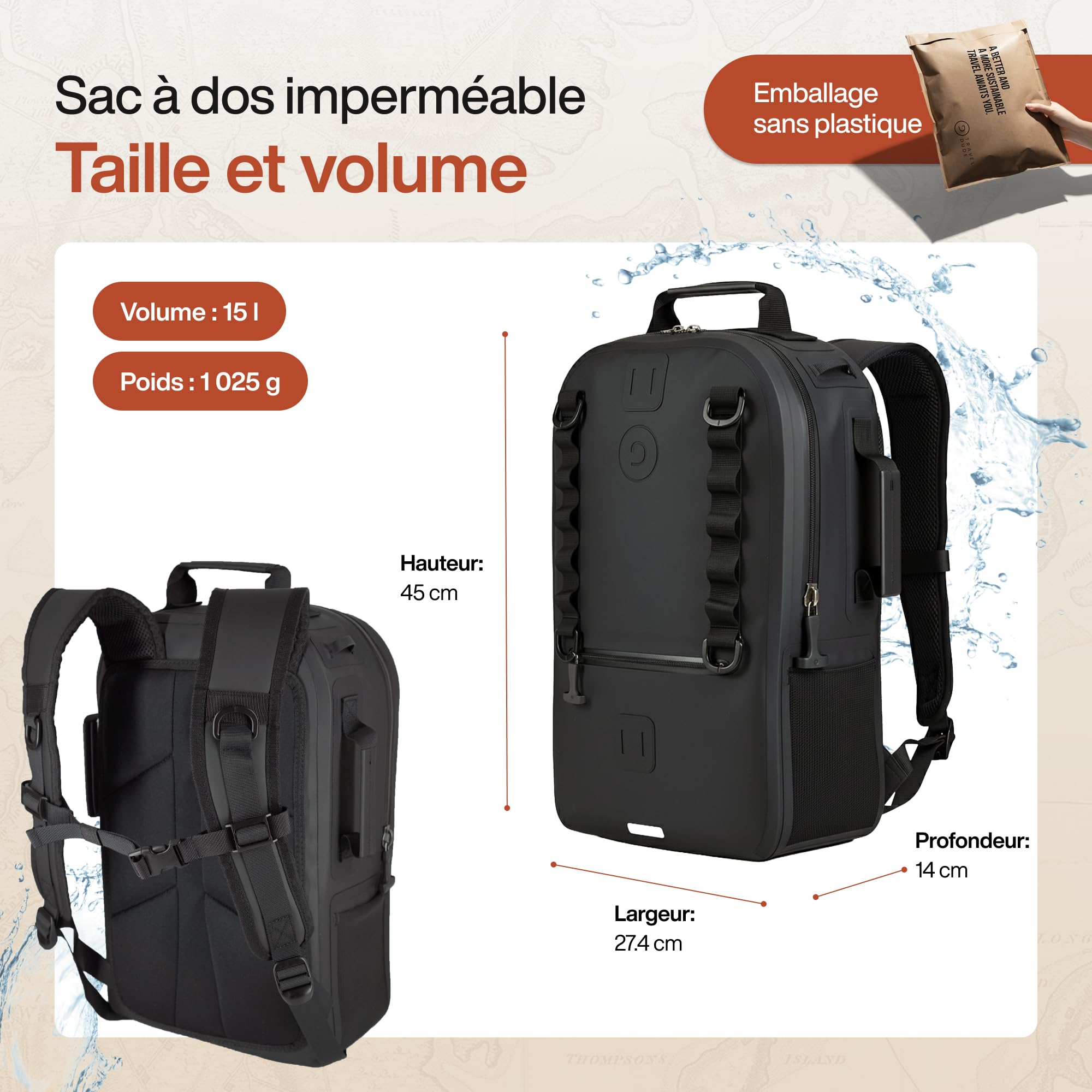 Travel Dude Sac à dos étanche 15 l - Dry Bag - Sac à dos pour homme - Sac à dos de voyage avec fermeture éclair airtight - Sac à dos de vélo étanche - Sac à dos de plage et sac de randonnée