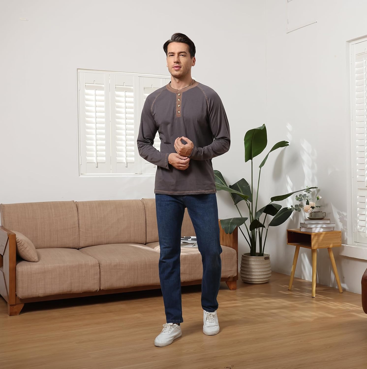 Mens Henley Shirts Long Sleeve Casual Button T-Shirts Cotton Basic Tee Shirts Slim Fit Raglan Sleeve Vintage T Shirts - Image 5