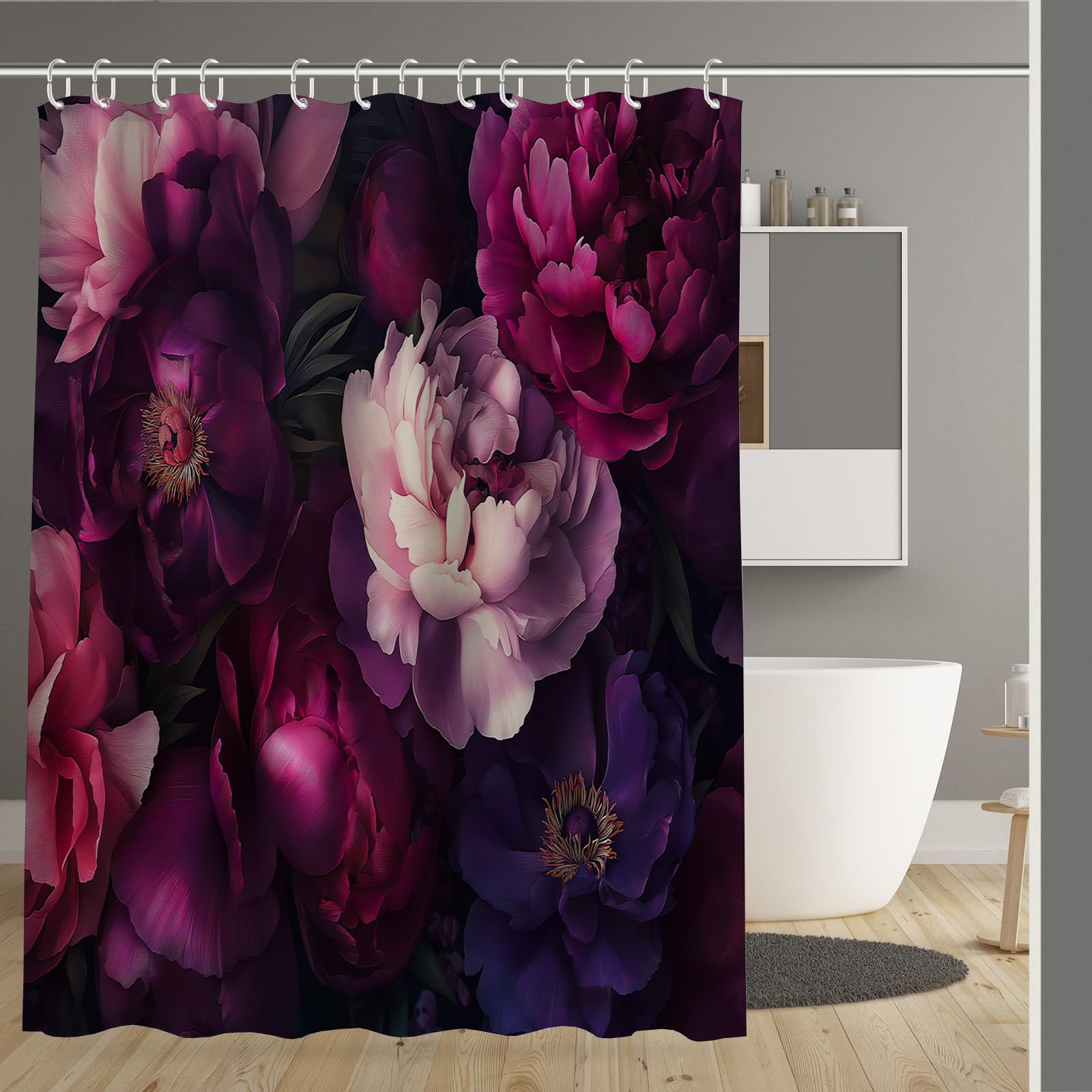Rideau de douche imperméable et lavable motif floral violet 180x200 pour baignoire