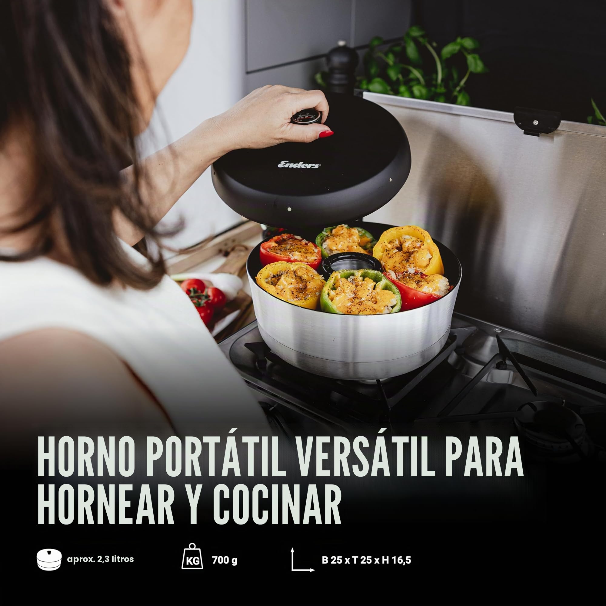 Enders® VAMO™ 6866 - Horno portátil de camping para hornear, cocinar y cocinar, compatible con hornillos, barbacoas o fogones, excepto inducción, capacidad aprox. 2,3 litros, termómetro integrado