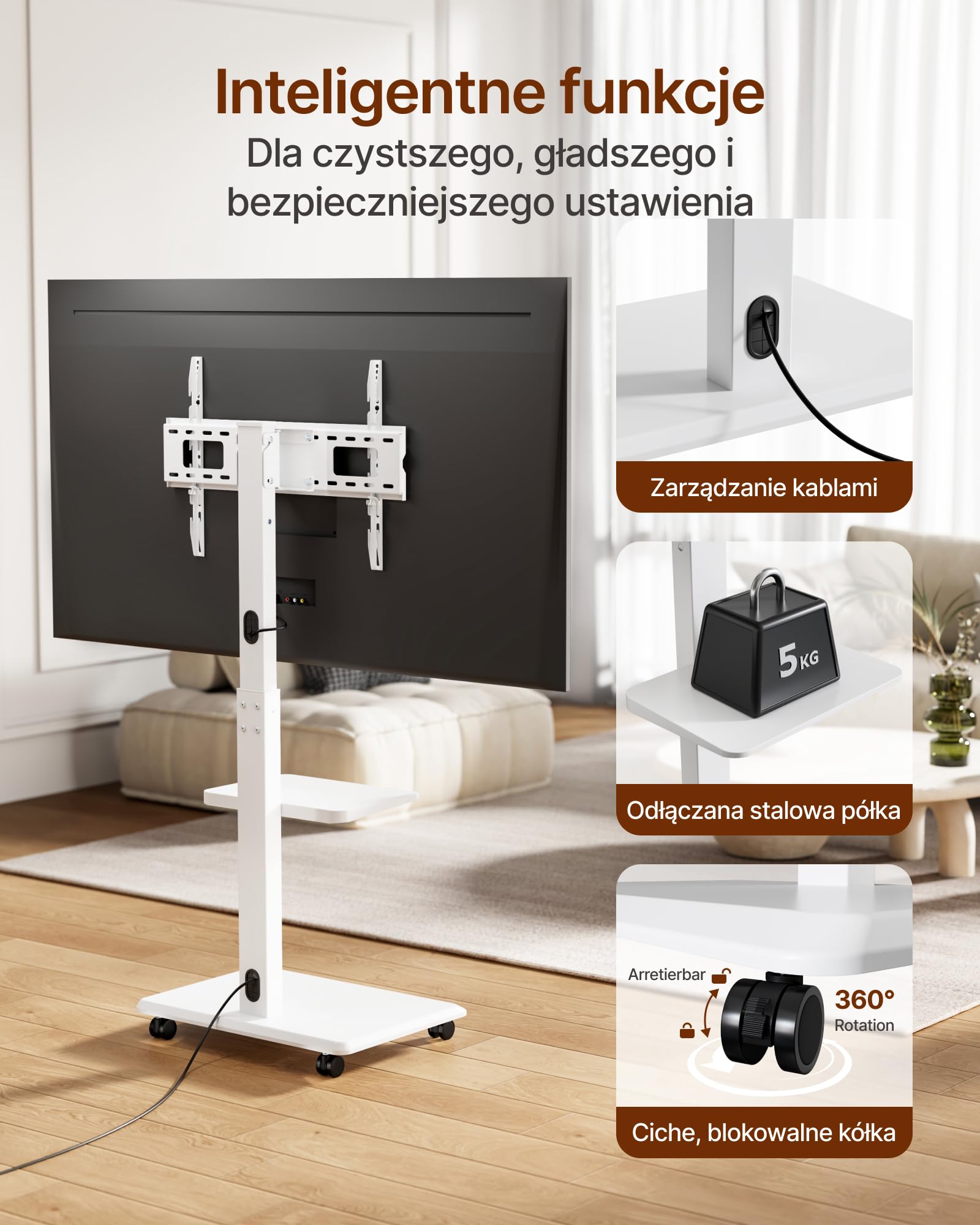 VESA VESA stojak na telewizor ze stali na kółkach do 37-75 cali do 50 kg, VESA 600 x 400 | Regulowana wysokość, wychylny stojak pod telewizor z półką, ukryte zarządzanie kablami, regulacja poziomu ± 3°, biały