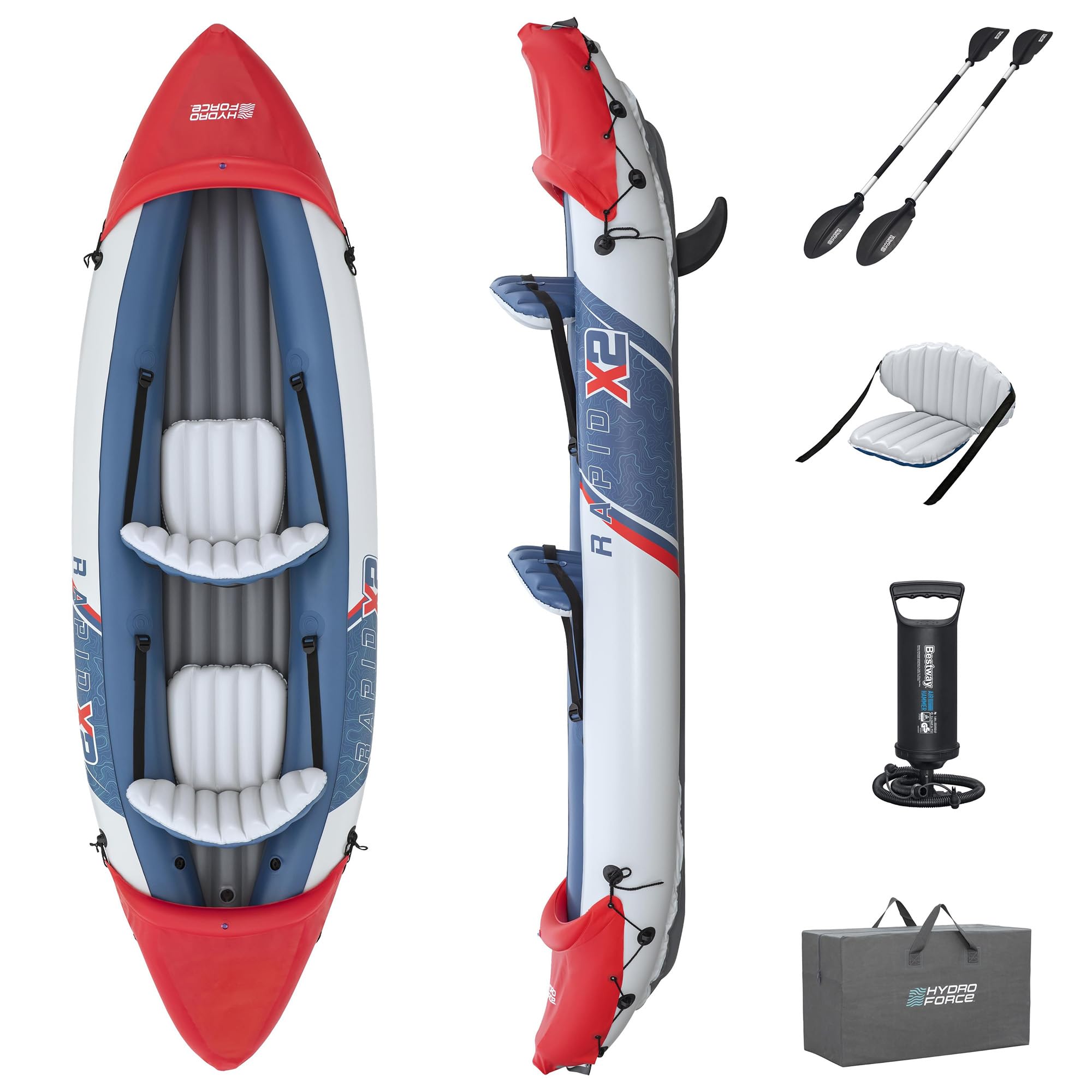 Bestway Hydro-Force Rapid X2 Inflatable 2 Person Kayak Outdoor Lake and River Water Sport Set with 2 Paddles, Hand Pump, and 2 Removable Fins