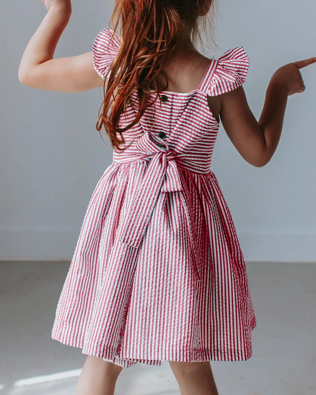 Saodimallsu Vestido de verano para niñas, con tirantes delgados, vestido de playa, vestido de primavera para niños, vestido a rayas, manga con volantes