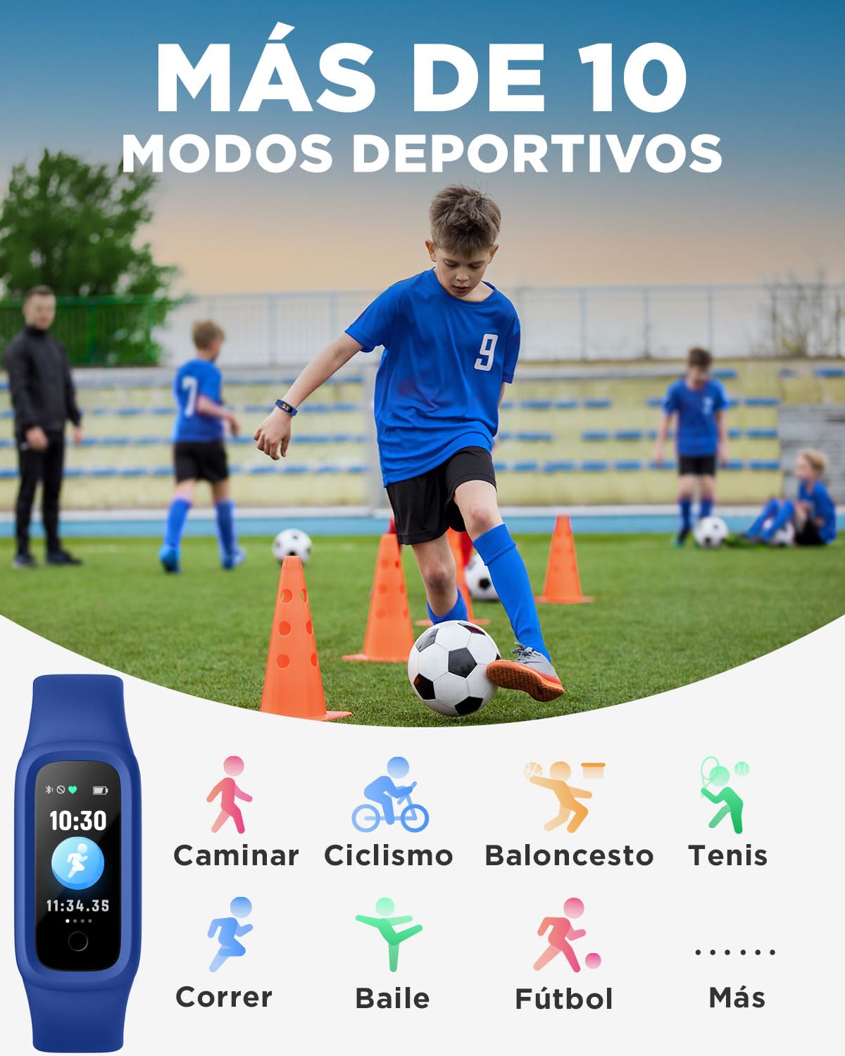 BIGGERFIVE Vigor 2 L Reloj Fitness para Niños y Niñas de 5 a 15 Años, Rastreador de Actividad, Monitor de Frecuencia Cardíaca y Sueño, Impermeable IP68, Podómetro, Contador de Calorías, Azul