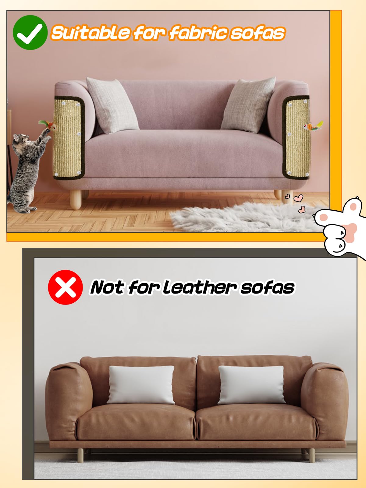2-Pack Natural Sisal Cat Scratcher Mats With Toy - Durable Scratching Pads To Protect Furniture, Includes Spiral Nails
