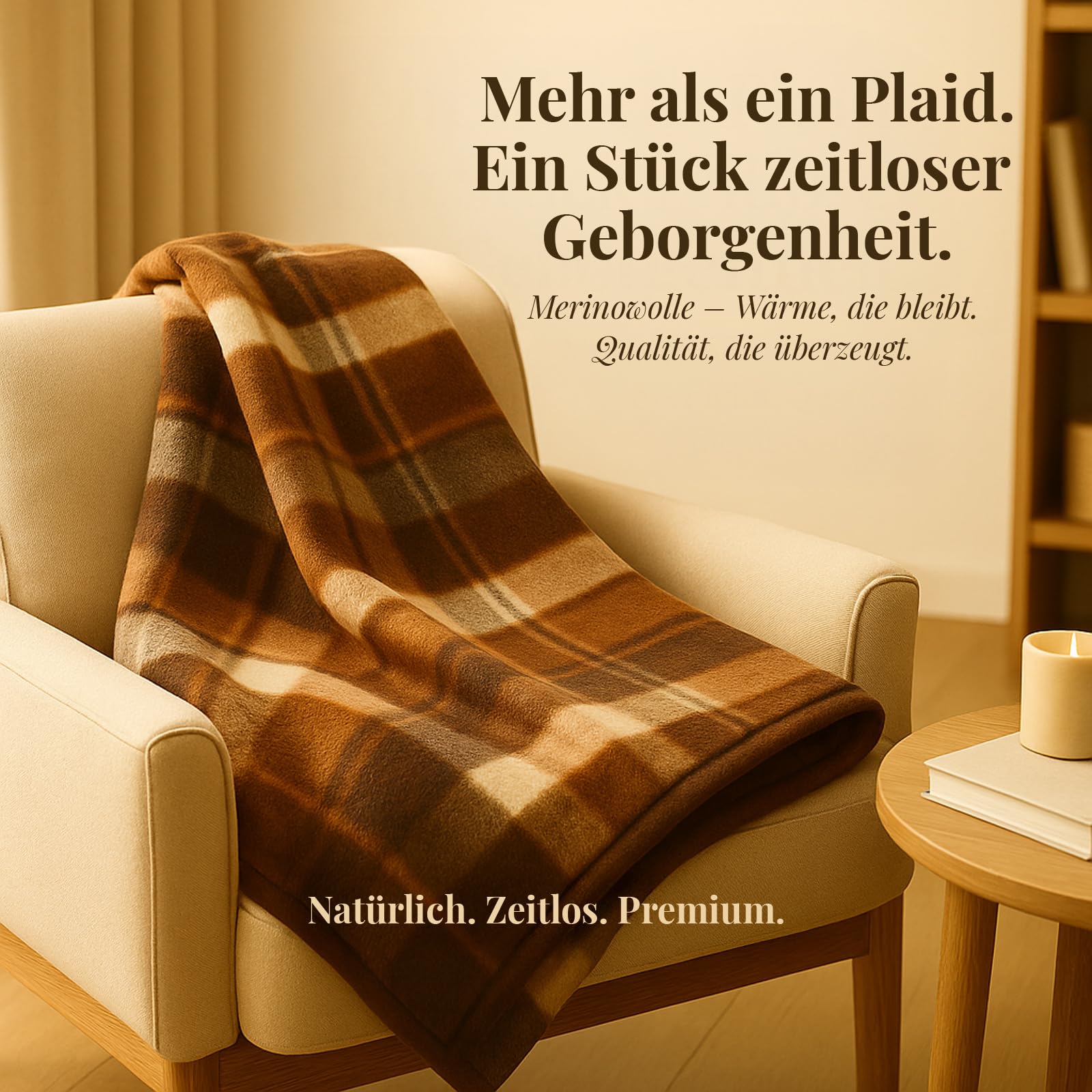 Wool & Home Merino Wolldecke 220x200 cm – Kuscheldecke aus 100% Merinowolle, Cremefarbene Decke mit Brauner Griechischer Mäander-Bordüre – Gewicht 500 g/m² – Atmungsaktiv und Langlebig