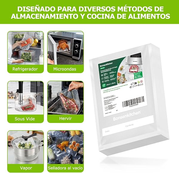 Bonsenkitchen Bolsas de vacío para alimentos 15x25 cm 100 Bolsas para Máquina de Vacío - Bolsas de vacío gofradas para almacenar y cocinar alimentos y hervibles, VB3204 - 3