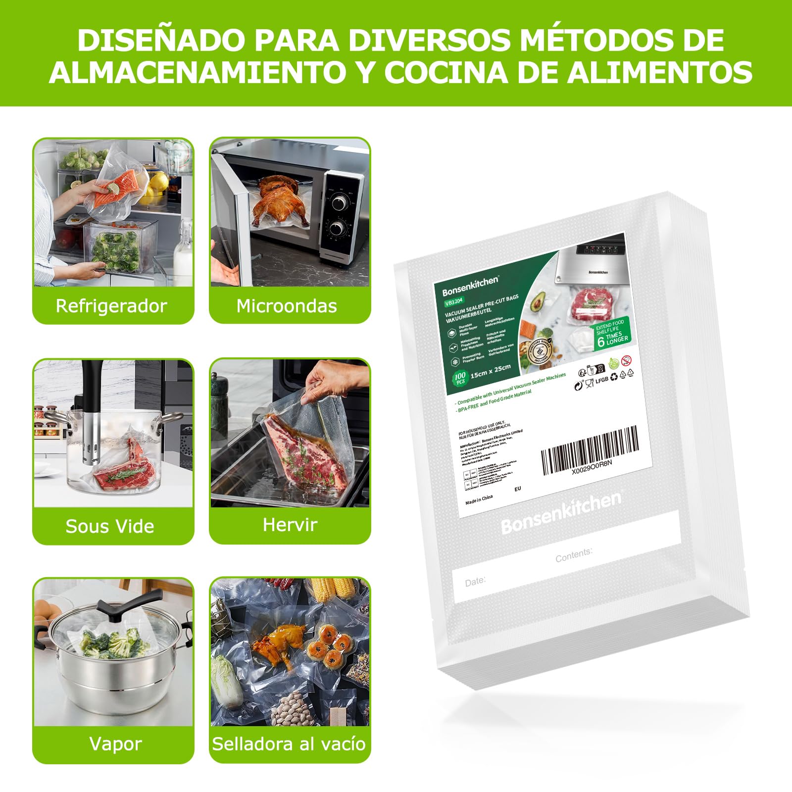 Bonsenkitchen Bolsas de vacío para alimentos 15x25 cm 100 Bolsas para Máquina de Vacío - Bolsas de vacío gofradas para almacenar y cocinar alimentos y hervibles, VB3204 — view 3
