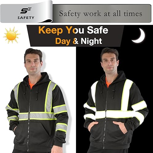 Miniatura 26 de sesafety Sudadera de seguridad de alta visibilidad para hombre, sudadera con capucha reflectante con cremallera clase 3, sudadera con capucha