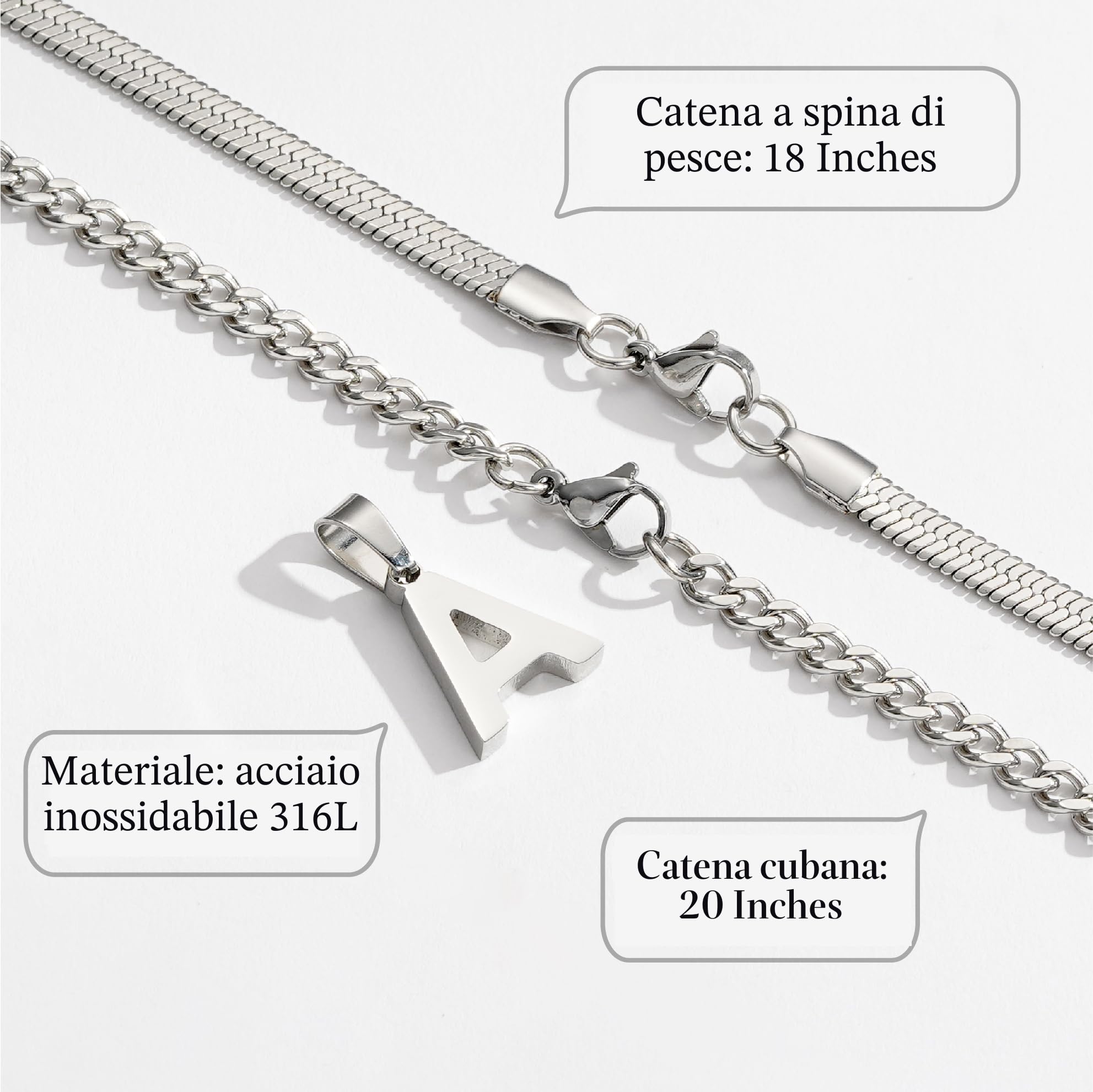 Esmoly Collana Uomo Argento Oro Nero Collana Cubana Uomo con Lettere A-Z 18+20 Inches 316L Acciaio Inossidabile Catena Serpente Cubana Catena Doppia Catena Regalo Uomo Ragazzo