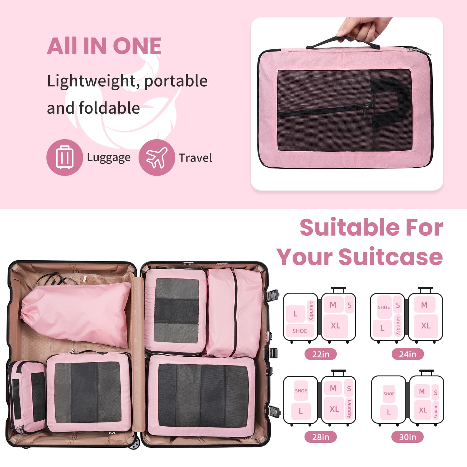 Cubi da viaggio compressibili, design apribile e visibile, set di 6 organizer espandibili con sacca biancheria e scarpe. Per bagagli a mano, vacanze, campeggio e lavoro, Rosa