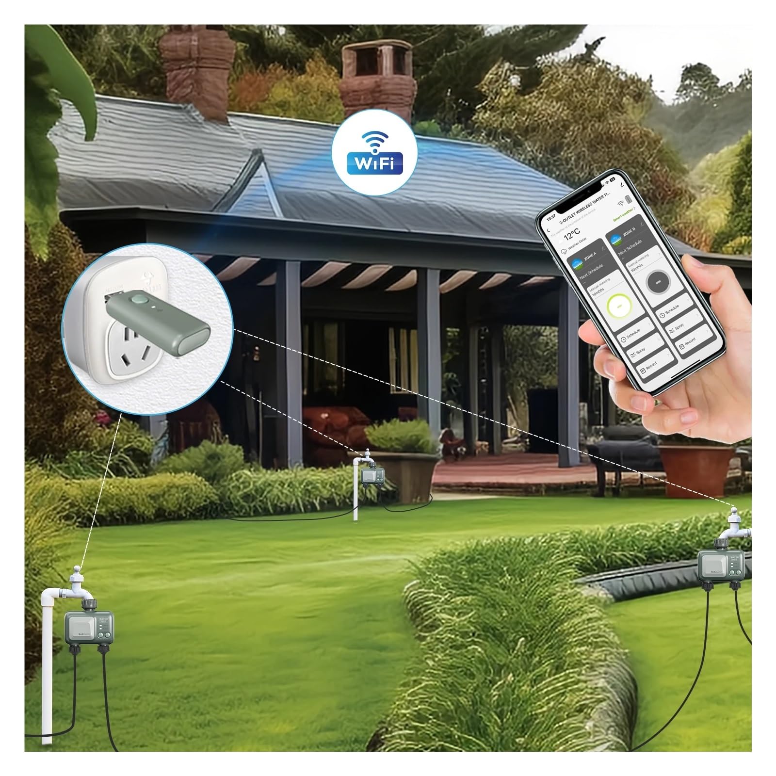 Timer for irrigazione WiFi a 2 zone, programma di ciclo indipendente intelligente, irrigatore for giardino, prato, serra, telecomando mobile(POP3-HCT-626BS)