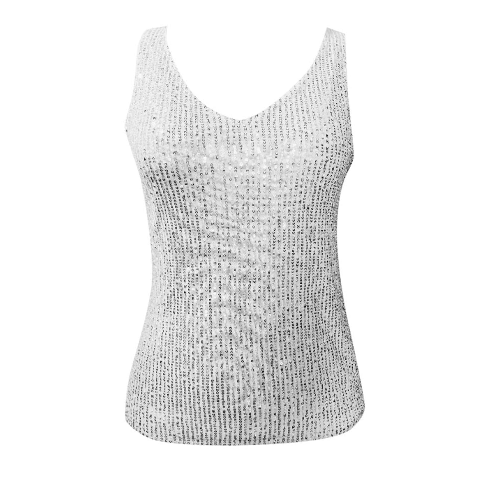 Mujer Brillo Top V Cuello Fiesta Lentejuelas Sin Mangas Plata Concierto