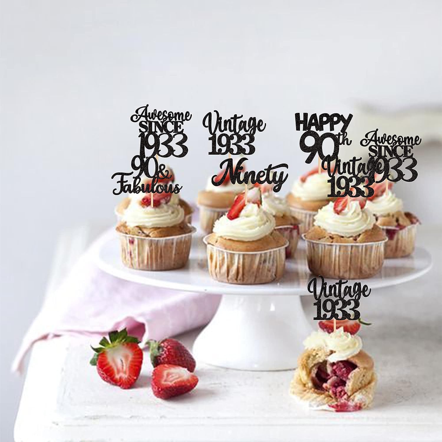 30 Stück 90. Geburtstag Cupcake-Toppers – Vintage 1933 Deko Mit Glitzer, Schwarz