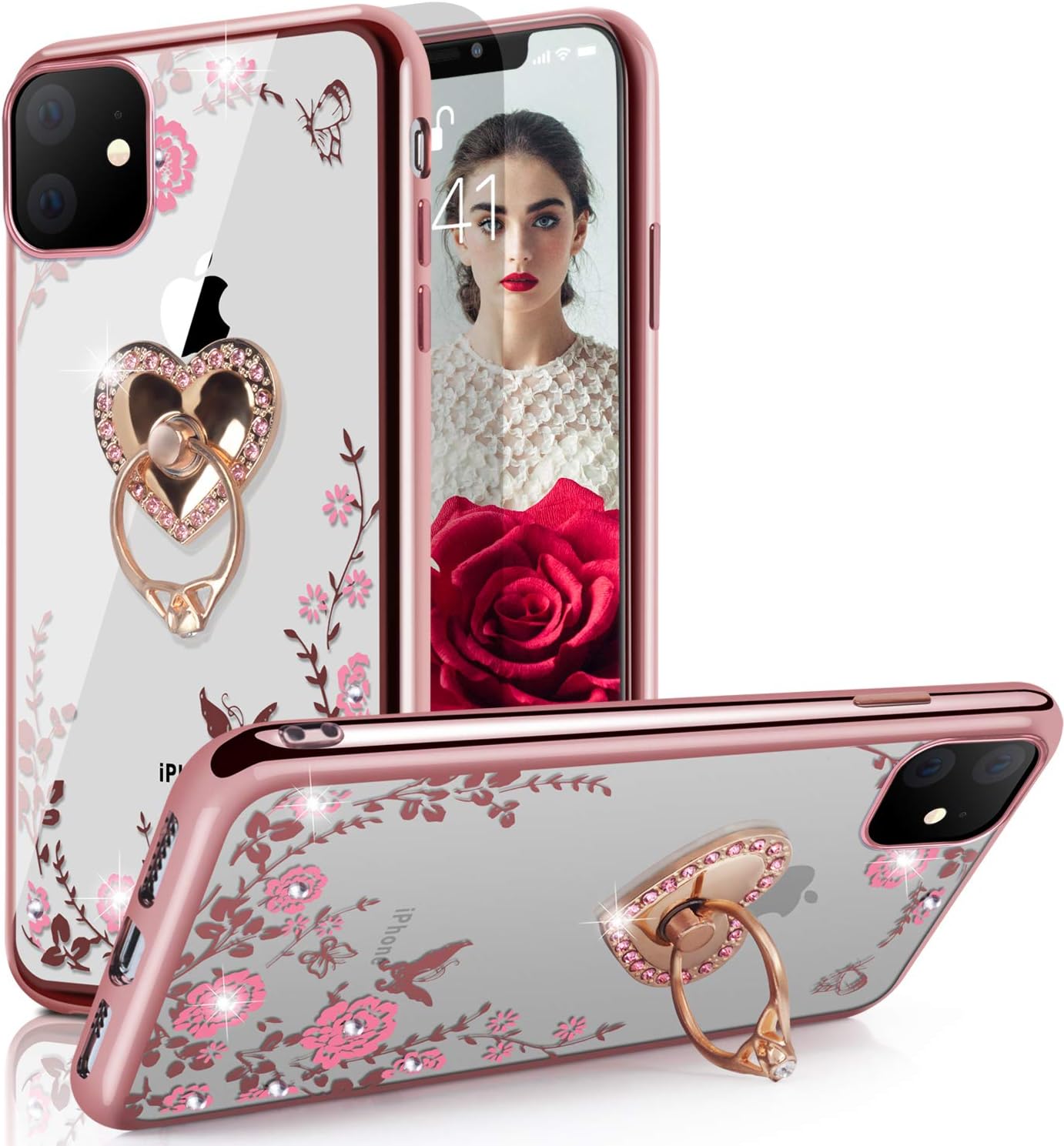 WATACHE Design for iPhone 11 Case, Glitter Sparkly Diamond Secret Garden Floral Butterfly Clear Back Soft TPU Case with Bling Ring Grip Holder Stand for Apple iPhone 11,Rose Gold