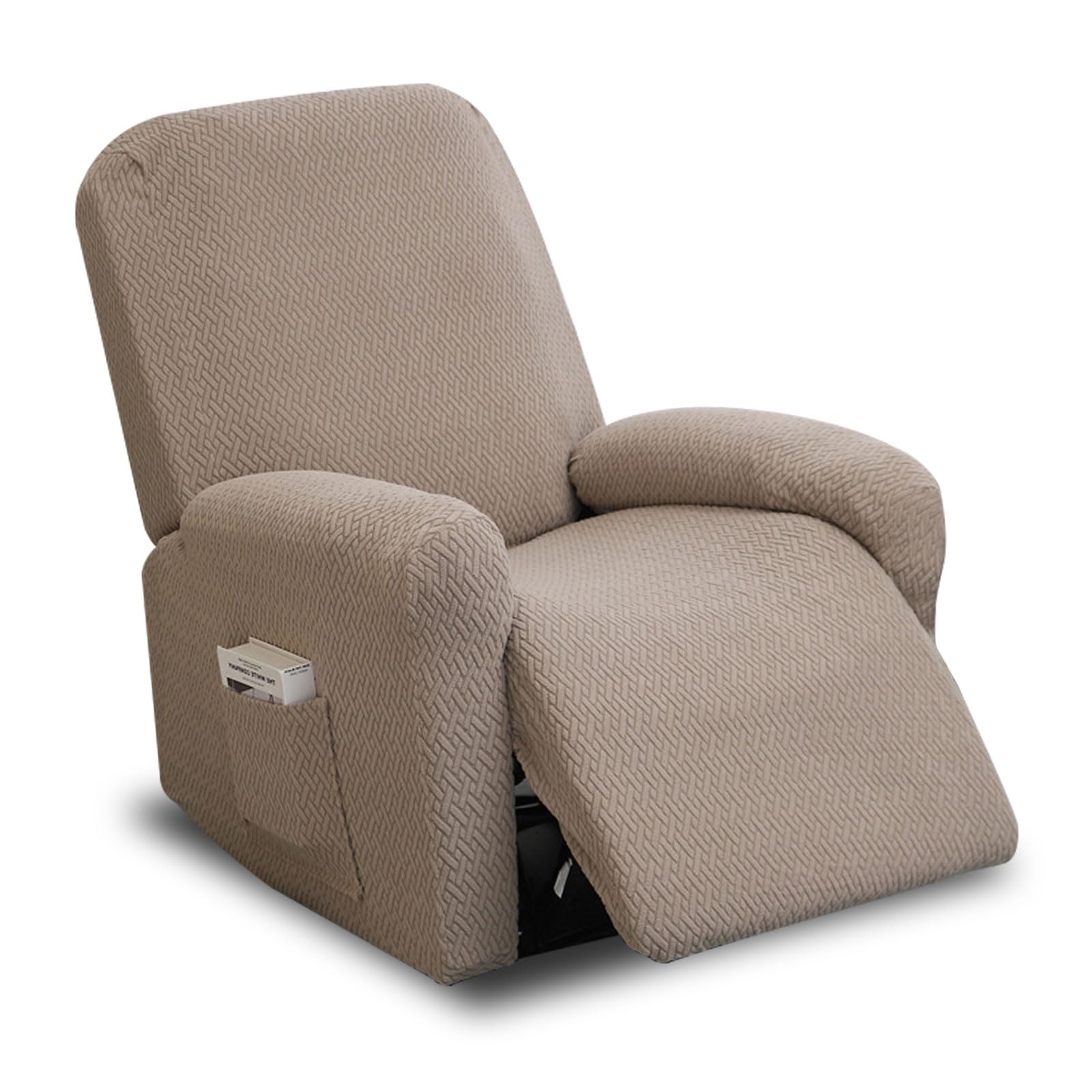Fodera per Poltrona Relax, 4 pezzi Copridivano Elastico in Peluche con Tasche, Copridivano Elastico, Rivestimenti lavabili per poltrone da relax, per poltrona reclinabile (Grigio Marrone)