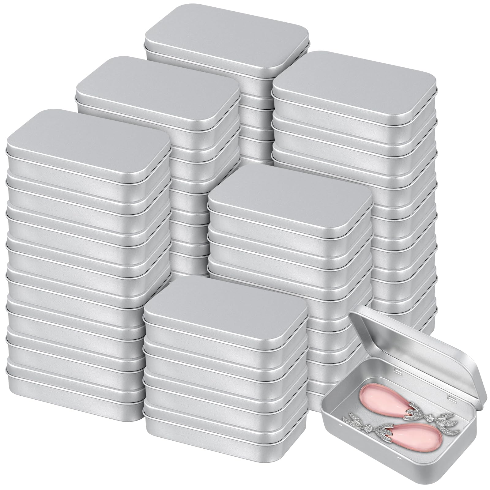 Keileoho Silver 50Pcs Small Hinged Tin Box, 94X61x20mm Rectangular Metal Storage Tins For Candies Key,