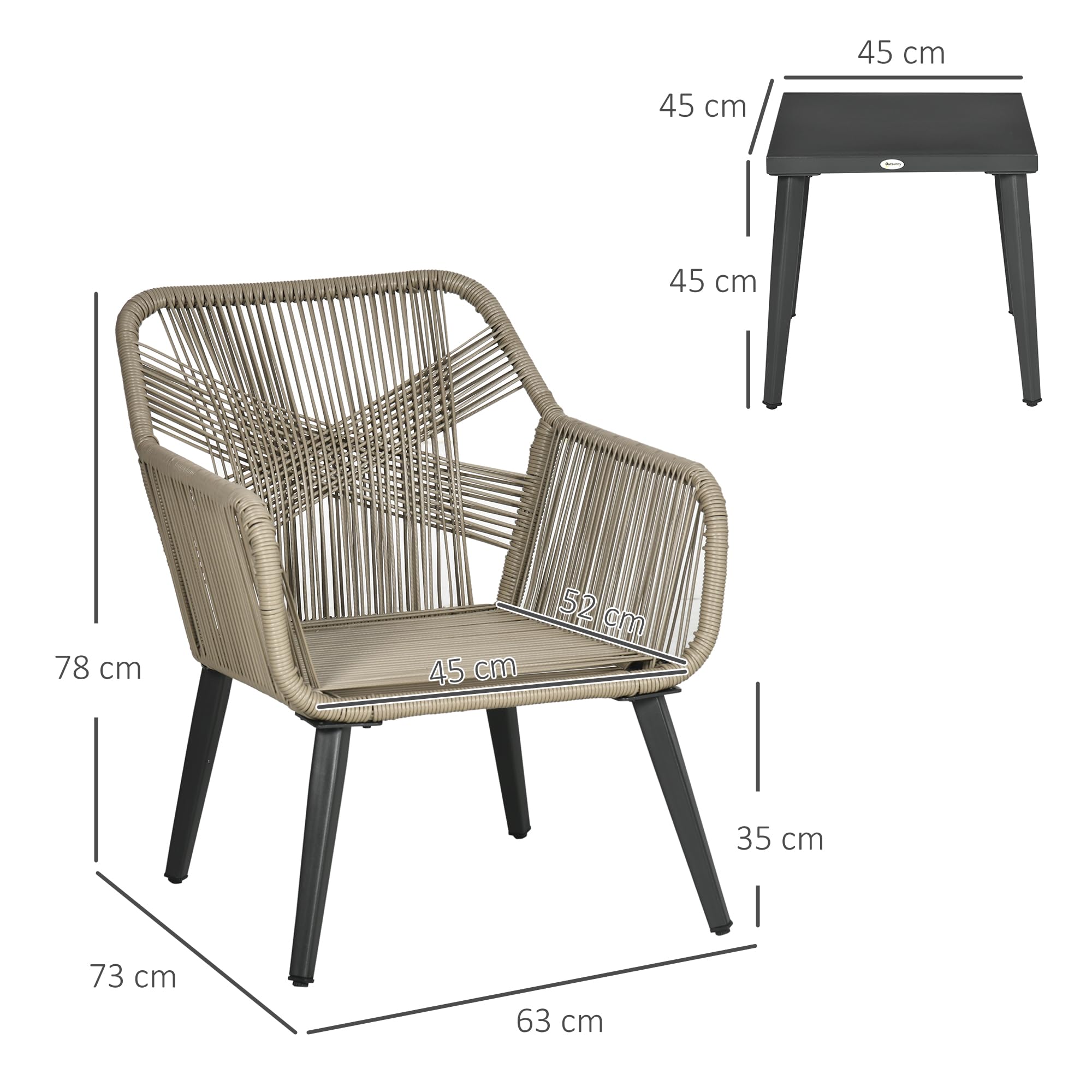 Outsunny Set Tavolino e Sedie da Giardino 3 Pezzi in Rattan PE e Acciaio con 2 Sedie Moderne e 1 Tavolino da Caffè, Grigio