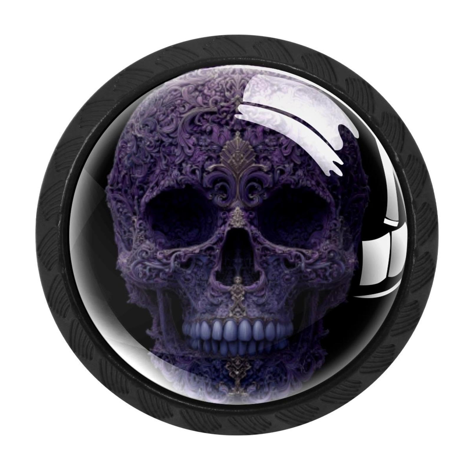 CHENZZZZ 4 Pieces Skull Purple Drawer Knobs, 35mm Black Kitchen Cabinet Knobs, Drawer Pulls and Knobs, Glass Cabinet Hardware Single Hole Knob for Cabinets and Drawers Round