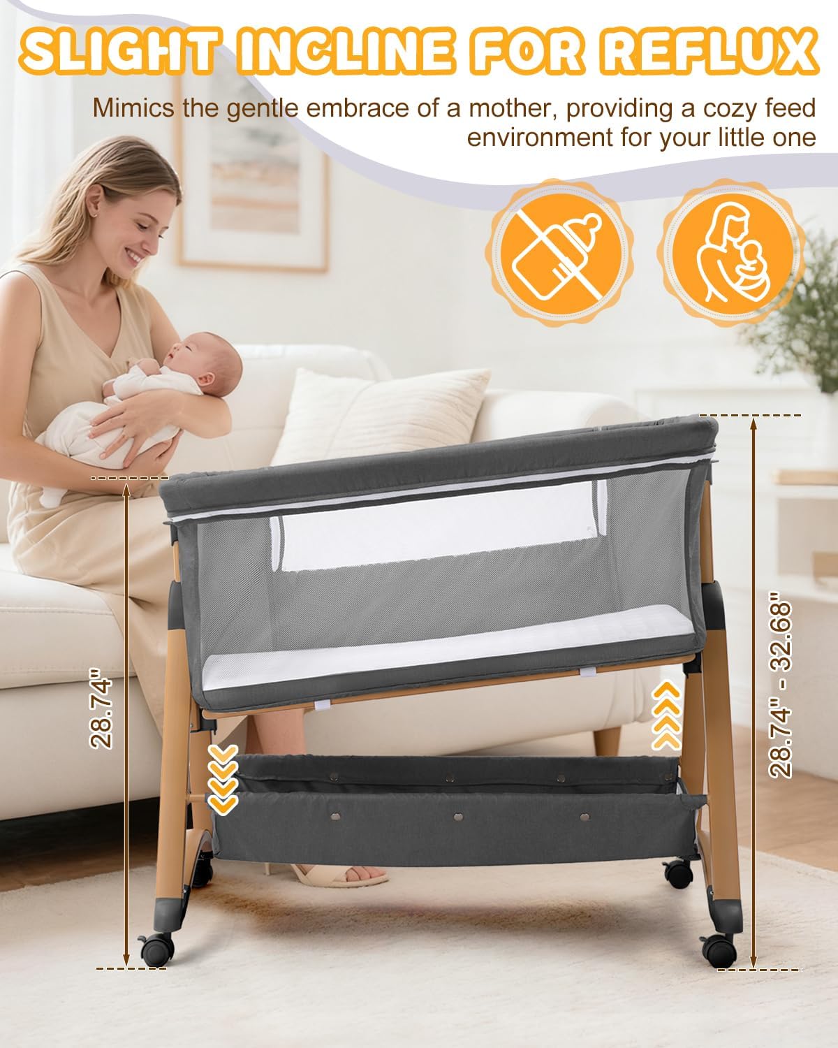 Baby Bassinet Bedside Bassinet with Large Storage Basket, Cozy Mattress, Rocking Mode, Adjustable Heights, Portable Bedside Crib for Newborn(Dark Grey)