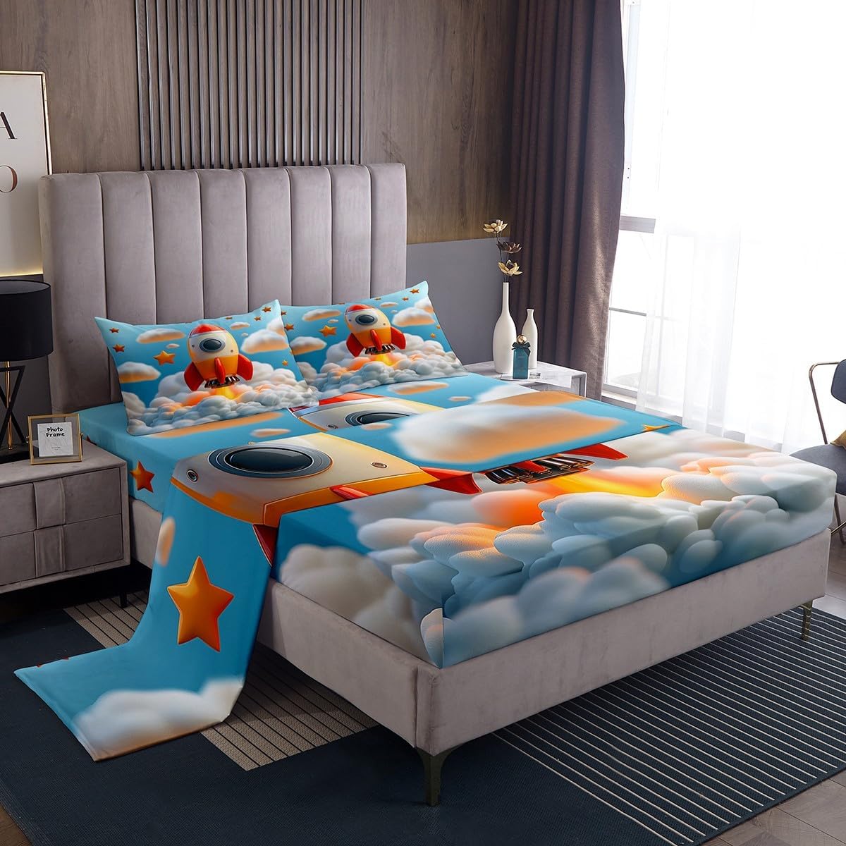 jejeloiu Aircraft Bed Sheets Set King Size Kids Helicopter Flying Plane Sheet Set Teens Travel Decor Bedding Breathable Soft Lightweight Microfiber 16 Inch Deep Pocket 4 Piece Room Decor