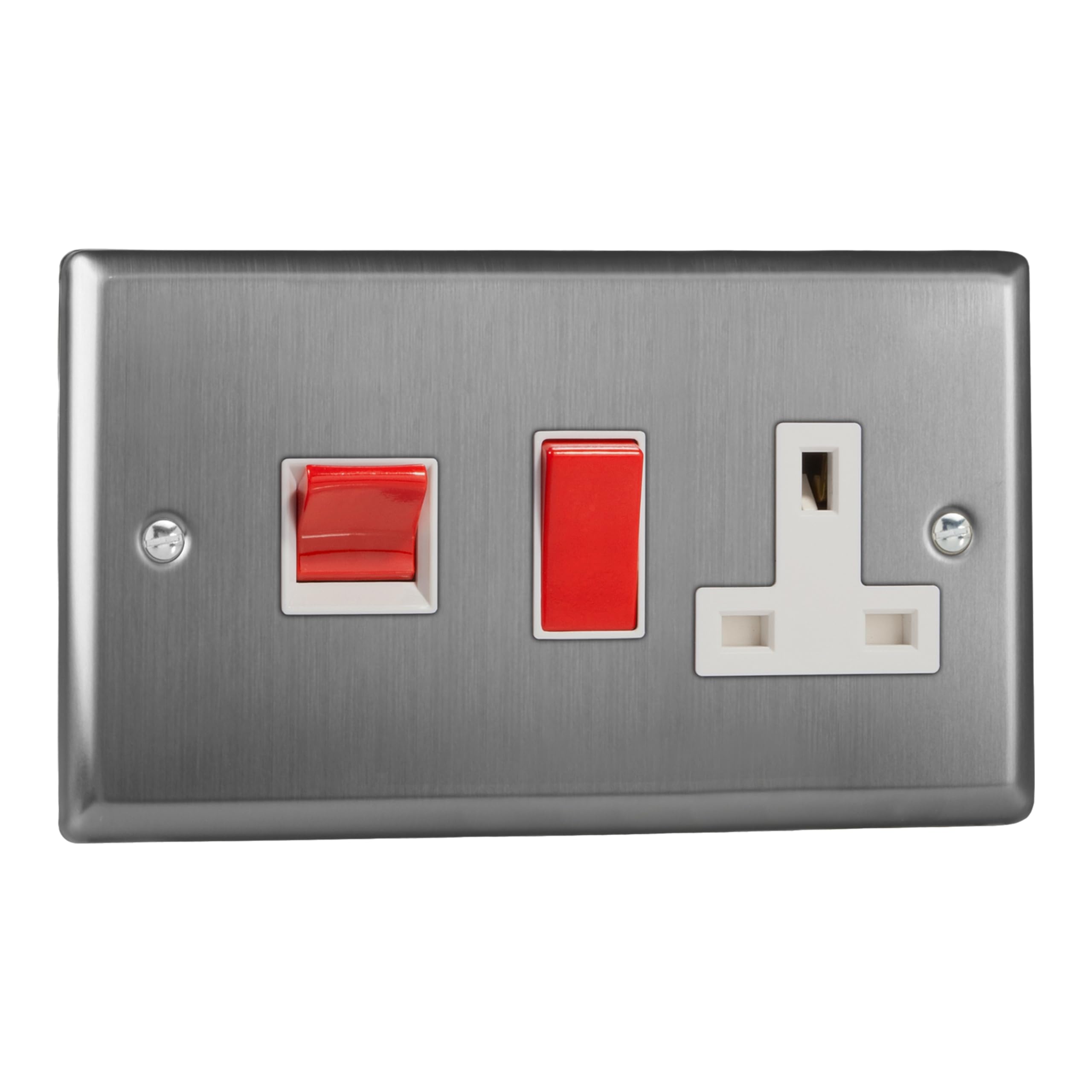 Varilight Cooker Switch With Switched Socket Outlet - Classic Brushed Steel With White/Red Insert, XT45PW