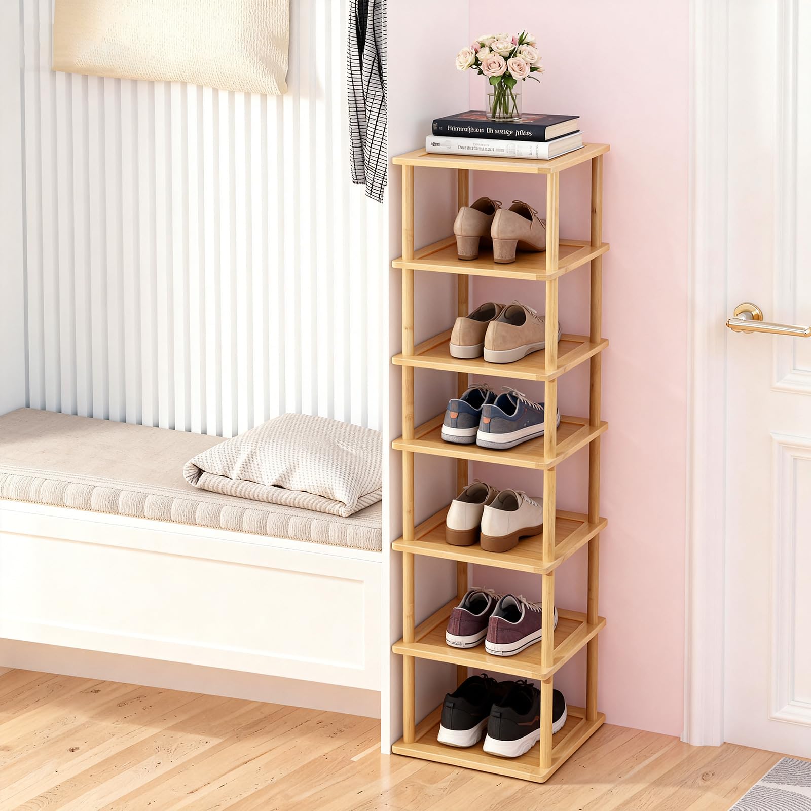 Aniston Bamboo Shoe Rack 7 Tier, Vertical Shoe Rack for Small Spaces, Free Standing Tall Narrow Shoe Organizer for Garage, Closet, Doorway, Corner, Living Room Small Spaces