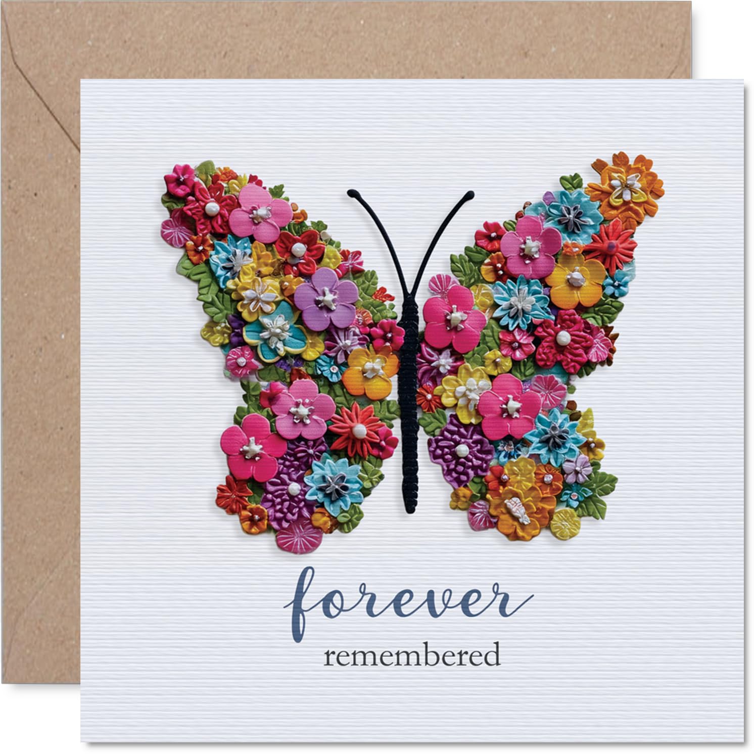 Sympathy Card - A Gentle Tribute for Difficult Days - Embossed Butterfly and Floral Cluster in Soft Pastel Hues - 145mm Square, Envelope Included