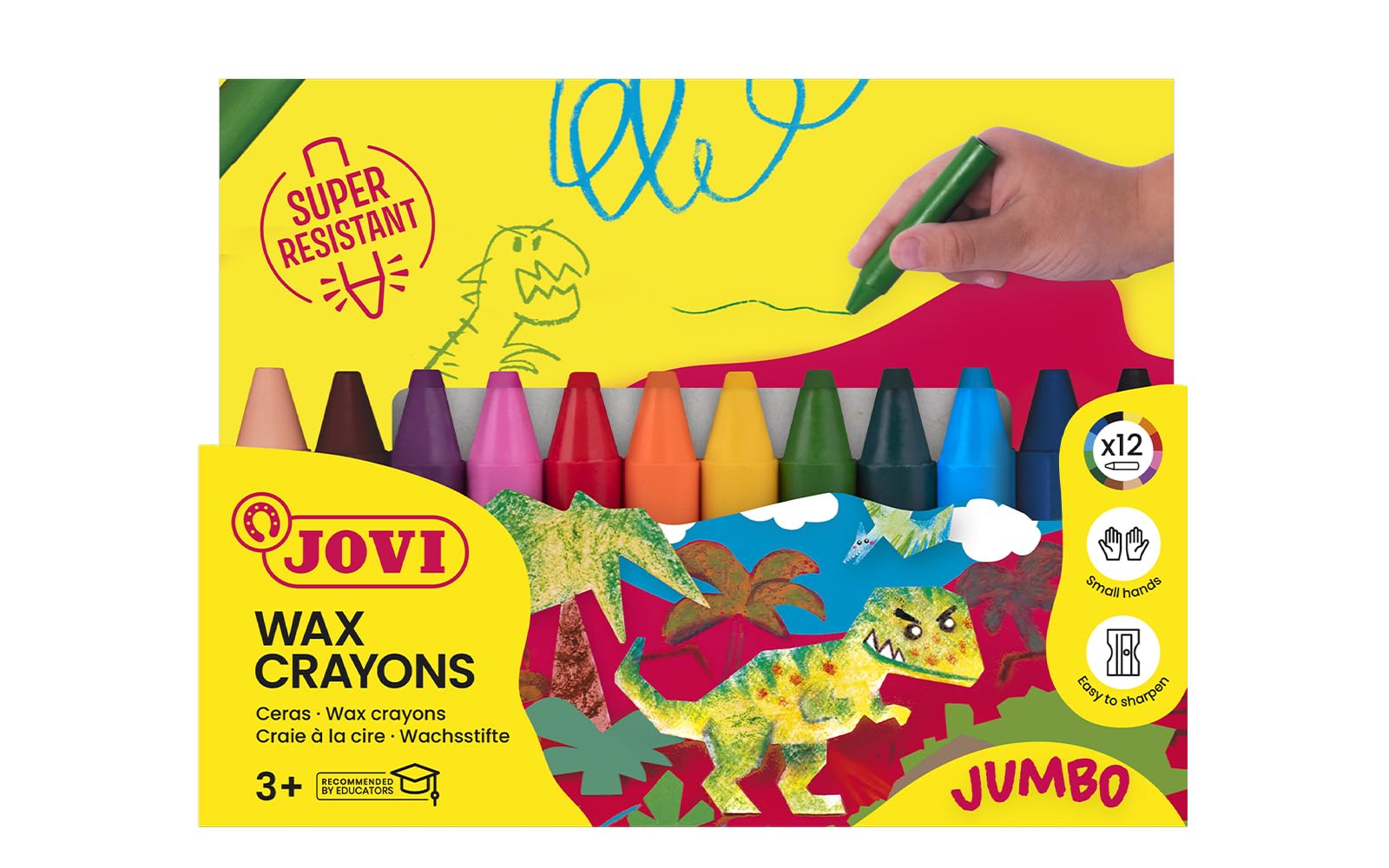 Jovi - Ceras de colores para niños, estuche de 12 ceras surtidas, super resistentes, no manchan (980/12)