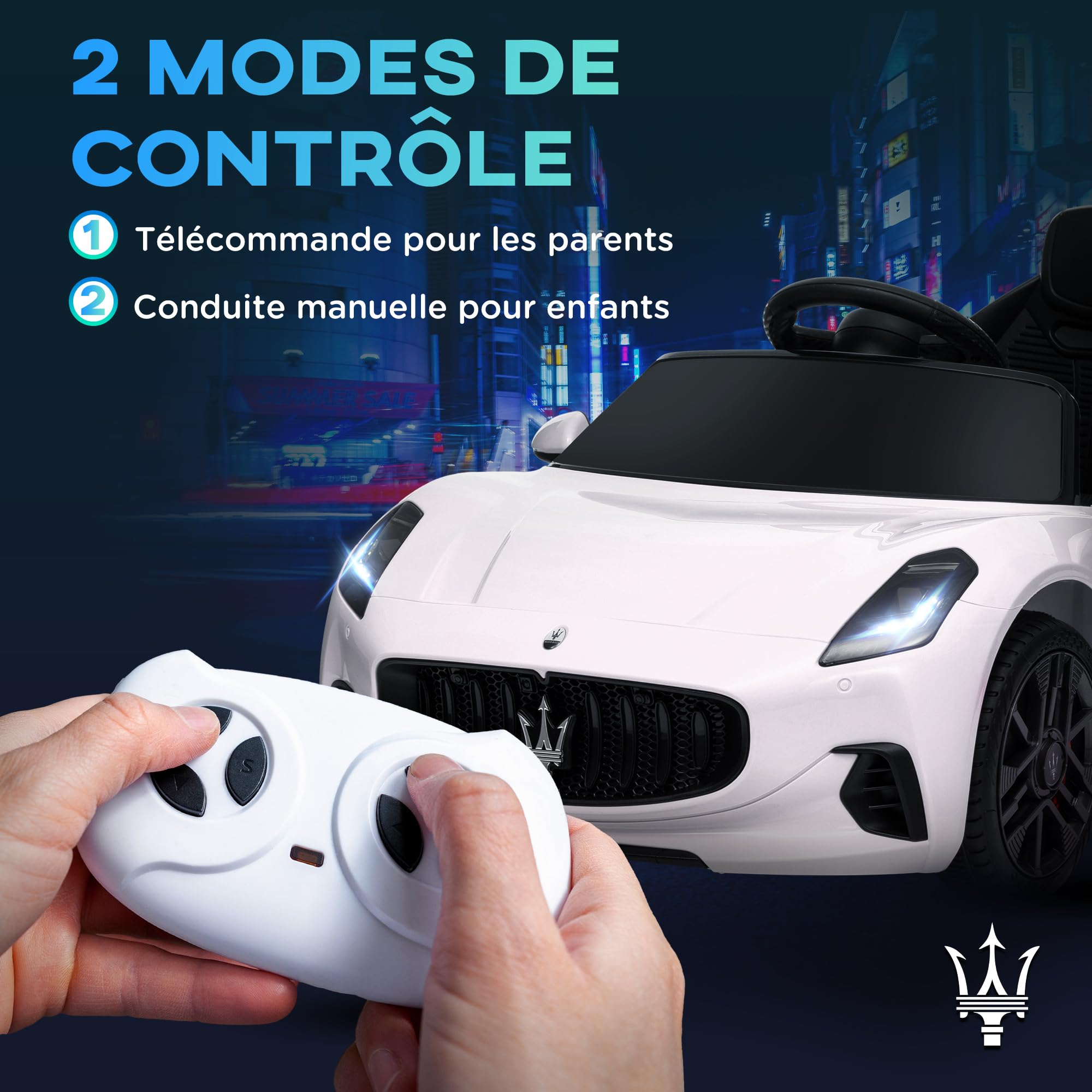AIYAPLAY Voiture électrique Enfants sous Licence Maserati Gran Turismo Folgore, véhicule électrique 12V avec télécommande 2,4G, phares LED, Musique, klaxon, MP3, Voiture pour Enfants 3 à 5 Ans, Blanc