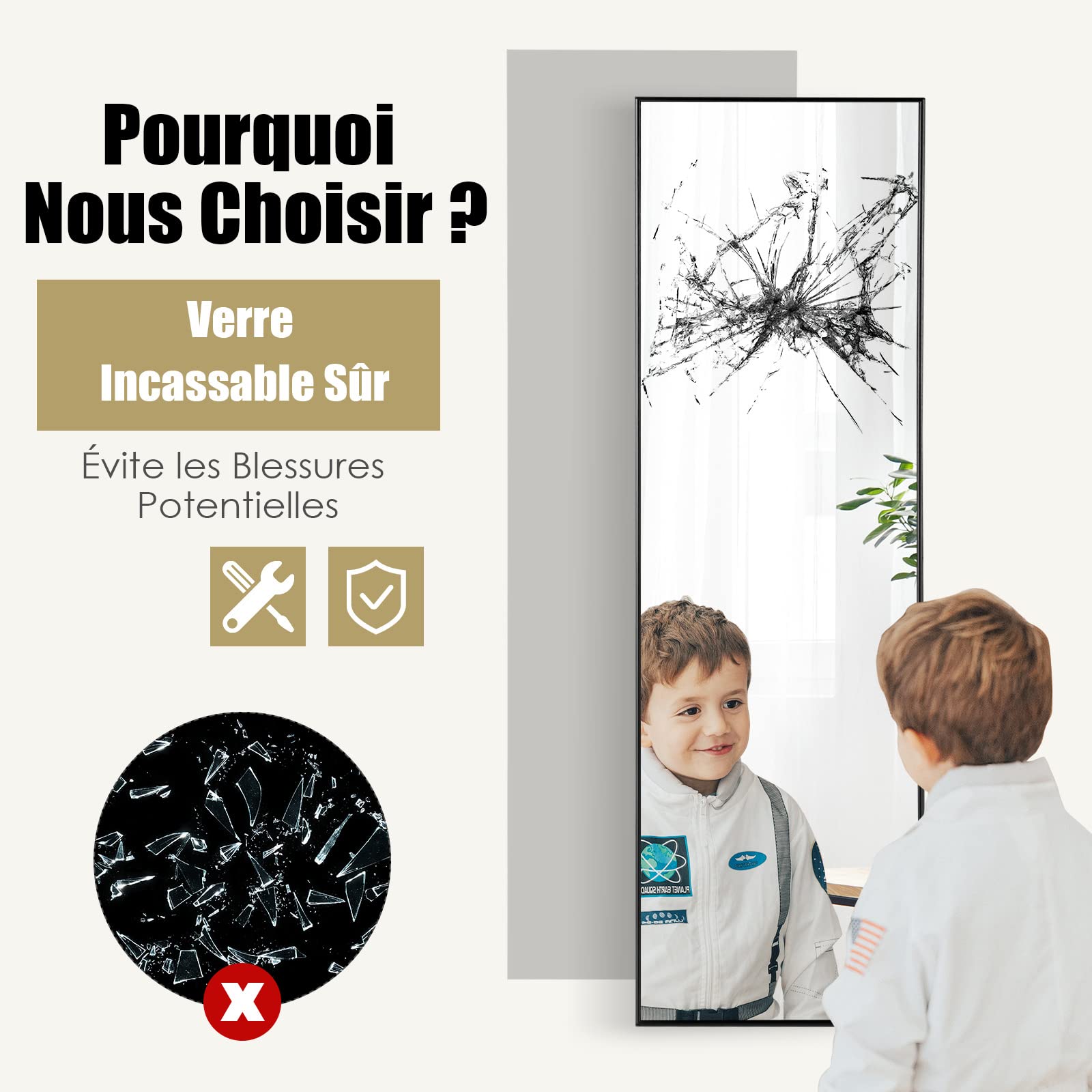 COSTWAY Miroir 120 x 37 cm Au-Dessus de la Porte, Miroir Pleine Longueur Cadre en Alliage d'Aluminium et Verre Incassable, Crochets pour Vestiaire Chambre Salon (Noir)