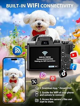 8K Digital Camera, 88MP WiFi Cameras for Photography with 3.2 Touchscreen, Autofocus, 16X Zoom, Anti-Shake, Dual Lens Vlogging Camera for YouTube, 2 Batteries, 64GB Card & Flash