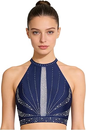 Women Sparkly Rhinestone Lyrical Dance Top Ballet Dance Top Sleeveless Tank Tops Modern Dancewear
