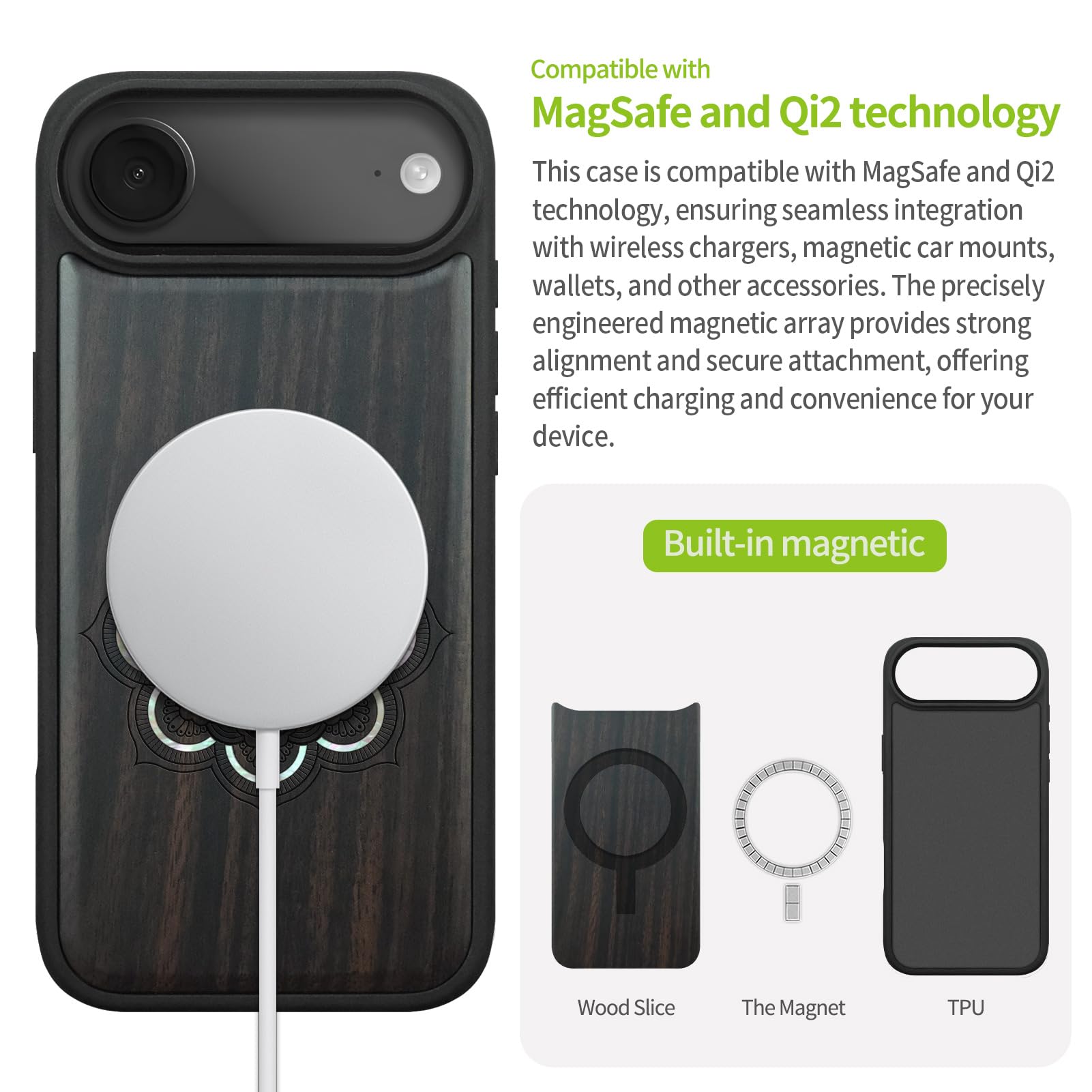 Carveit Funda Magnética para iPhone Air Compatible MagSafe [Madera y incrustación de mejillones] Protectora Antigolpes para iPhone 17 Air Carcasa (Madera Oscura-Armonía Floral mística)