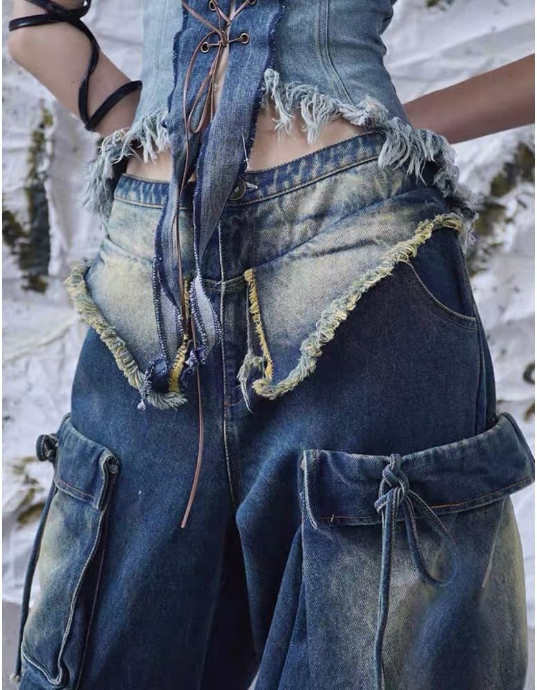 Y2K Retro wash Gradient Multi Pocket Jeans for Women, Loose fit with Fringed Edges and Wide Leg Patchwork Pants