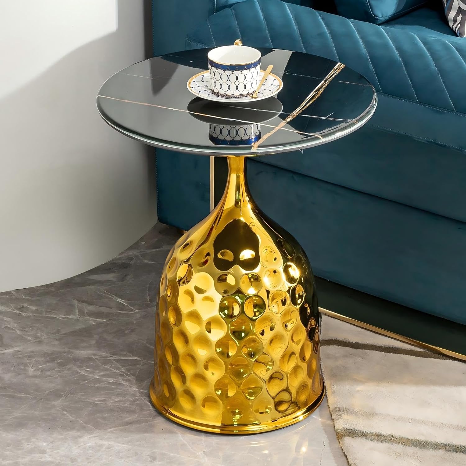 Luxury Side Table with Gold-Tone Textured Base,18'' Diameter Round Mirror Top Accent Table,Modern Tempered Glass end Table for Home Office