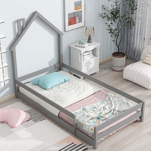 Miniatura 10 de Montessori - Cama de plataforma de tamaño individual con cabecera en forma de casa y cama de piso con barandilla, marco de cama de madera para niños