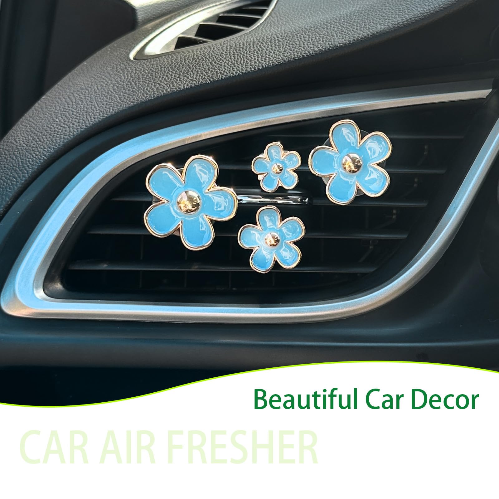 ORIESSE 4pcs Flowers Air Vent Clips Car Air Freshener,Girly Flowers Car Accessories for Women,4 Sizes Light Blue Daisy Flower Car Vent Clips Cute Car Decor,Refillable Car Diffuser
