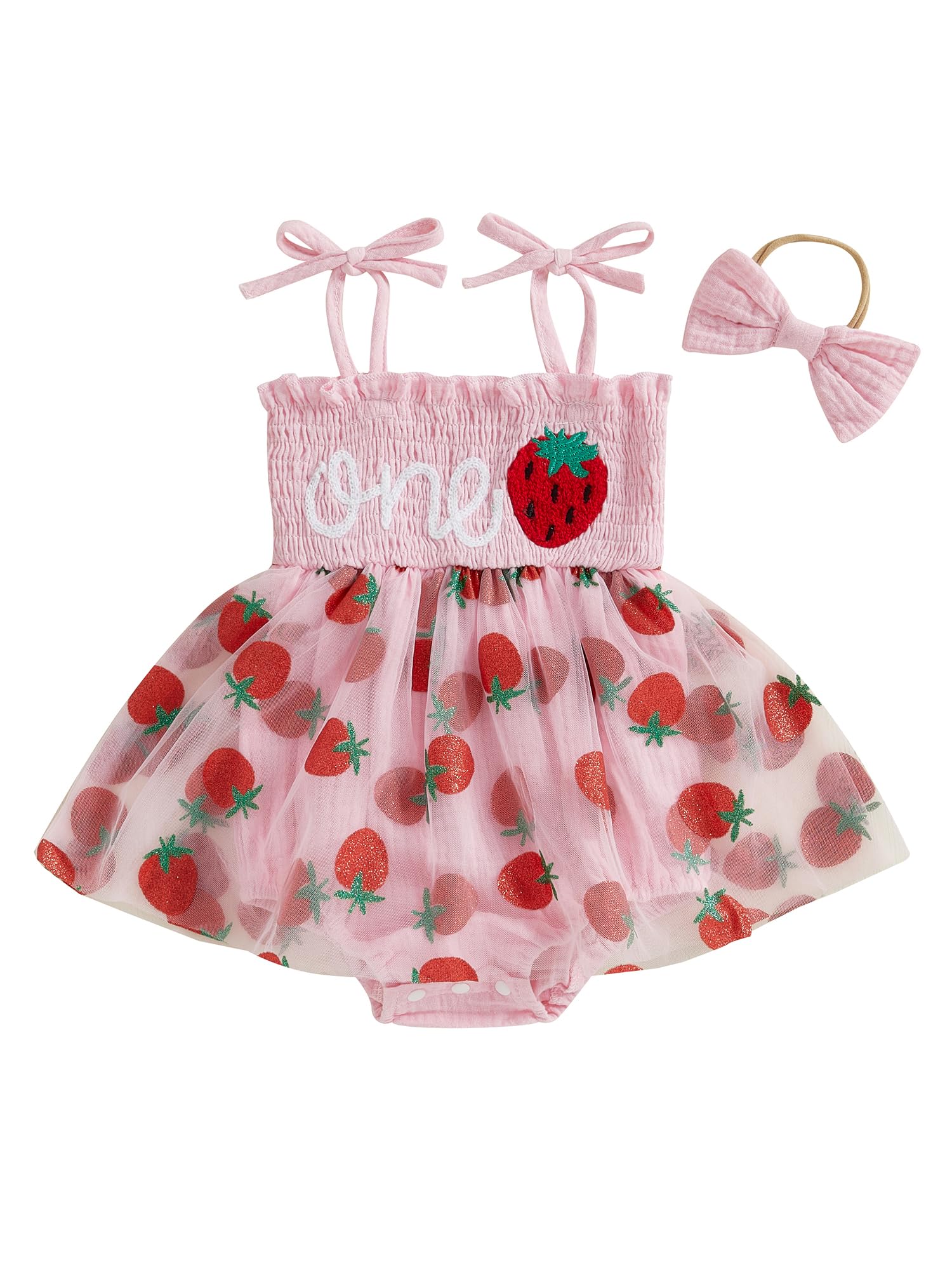 SANSIWU Baby Girl 1st Birthday Clothes Cute Strawberry One Birthday Outfit Boho Smocked Romper Tulle Dress with Headband (A-Pink, 6-12 Months)