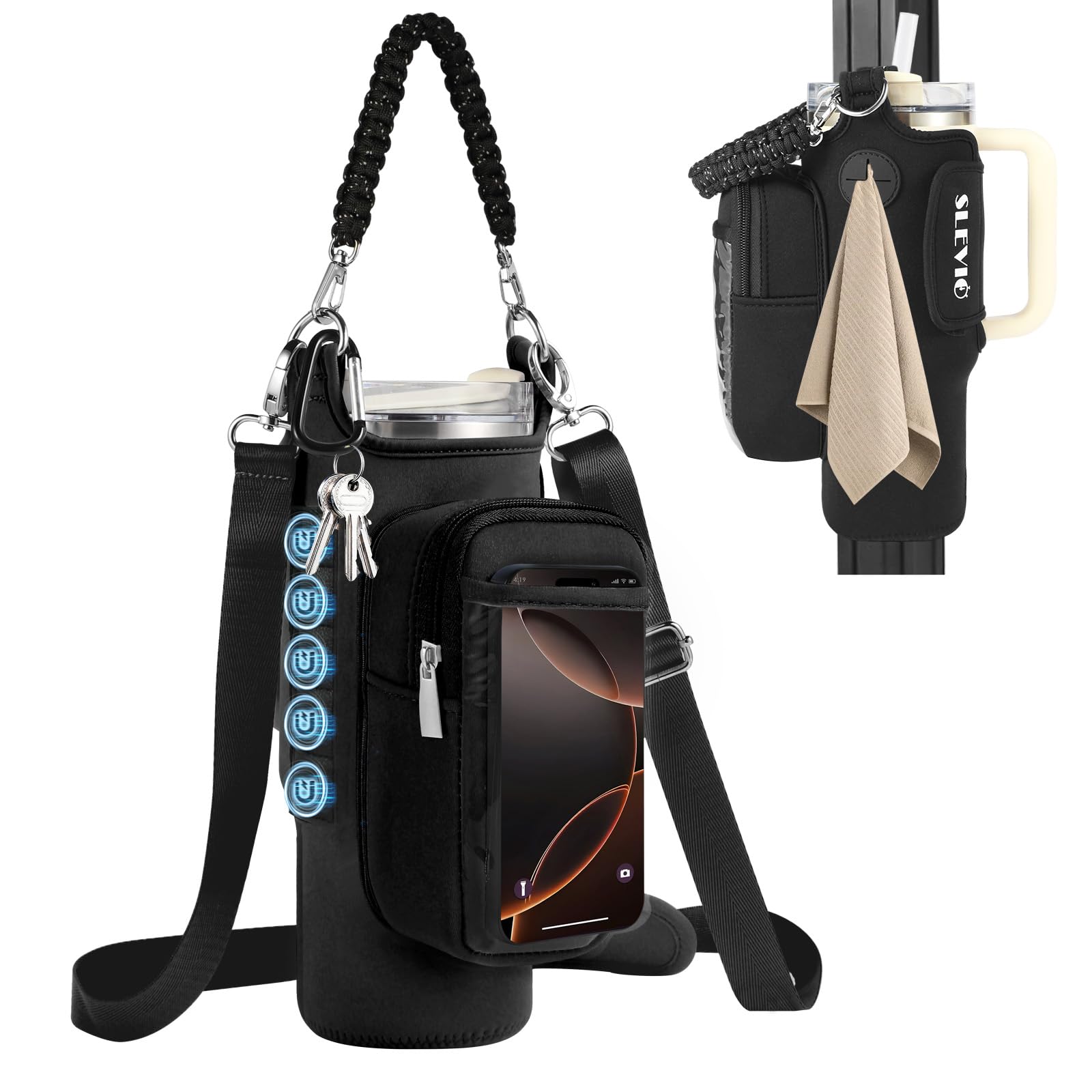 Magnetic Gym Bag for Men Women, Water Bottle Carrier Holder with Strap for Stanley, Small Bag Accessories pouch with N52