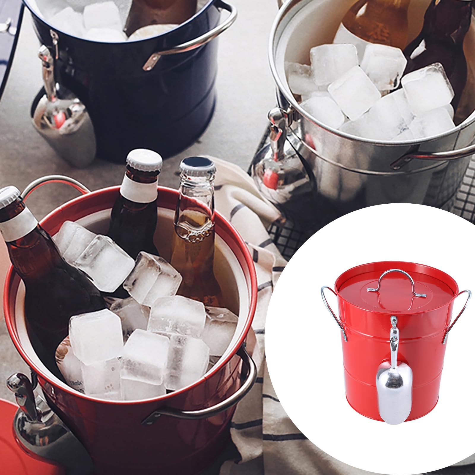 Cubeta redonda para bebidas con pala y tapa, cubo de hielo de doble asa, enfriador de bebidas de metal, cubo de champán, fácil de transportar
