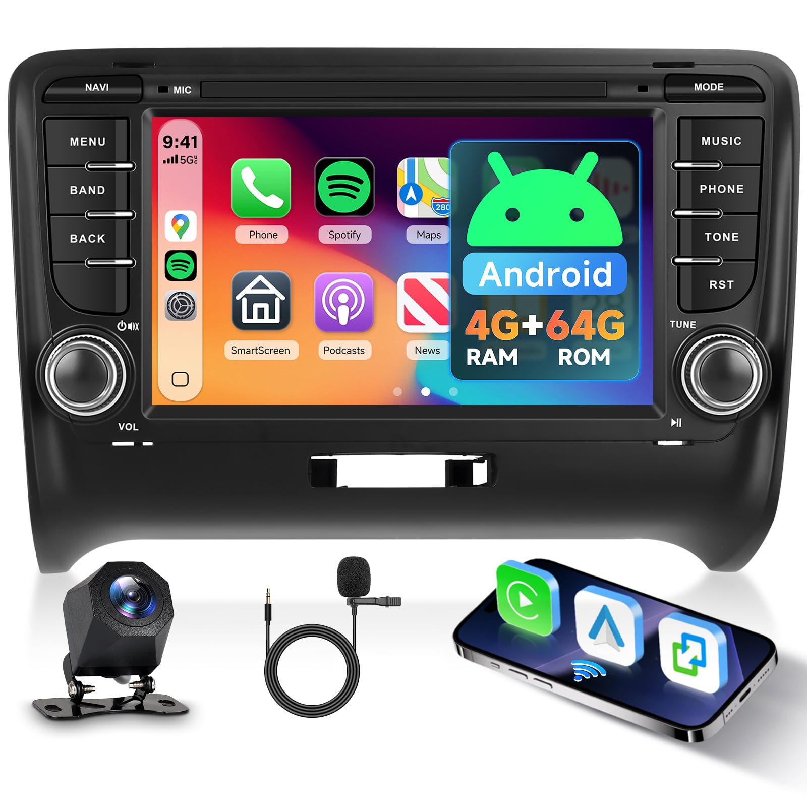 Hodozzy 4G+64GB Autoradio für Audi TT 2006-2014 mit Wireless Carplay Android Auto, 7 Zoll Touchscreen Android 2 Din Radio Bildschirmo für Audi TT mit GPS Navi Bluetooth WiFi DSP FM RDS Rückfahrkamera